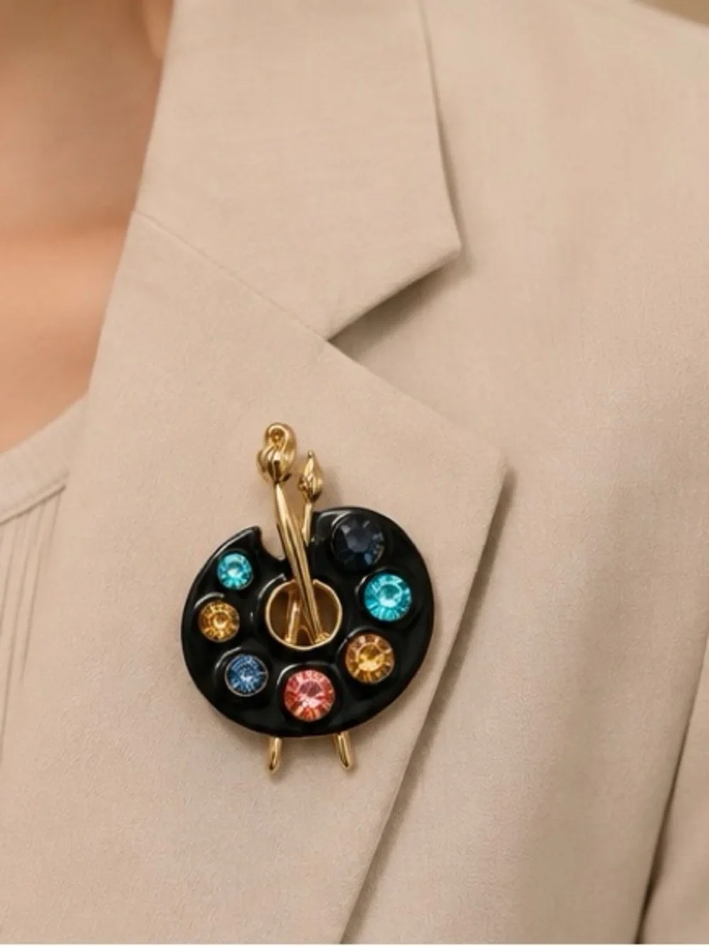 Artist Palette Brooch with Colorful Rhinestone Paintbrush Design